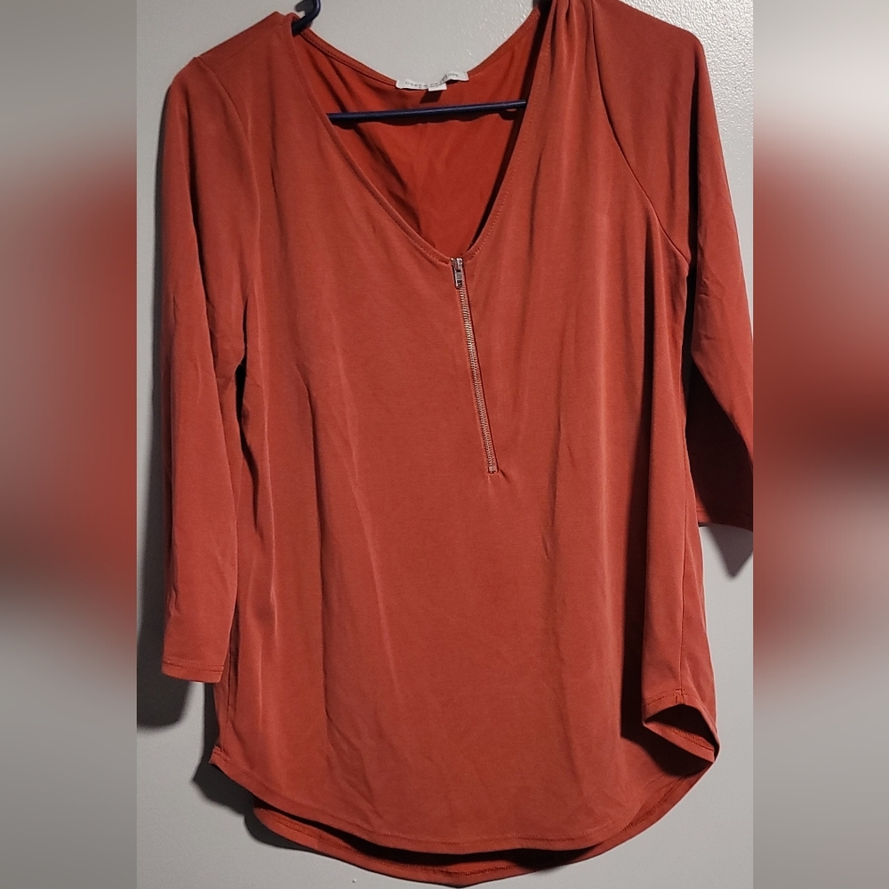 Green Envelope Brown and Orange Zippered 3/4 Sleeve Blouse
